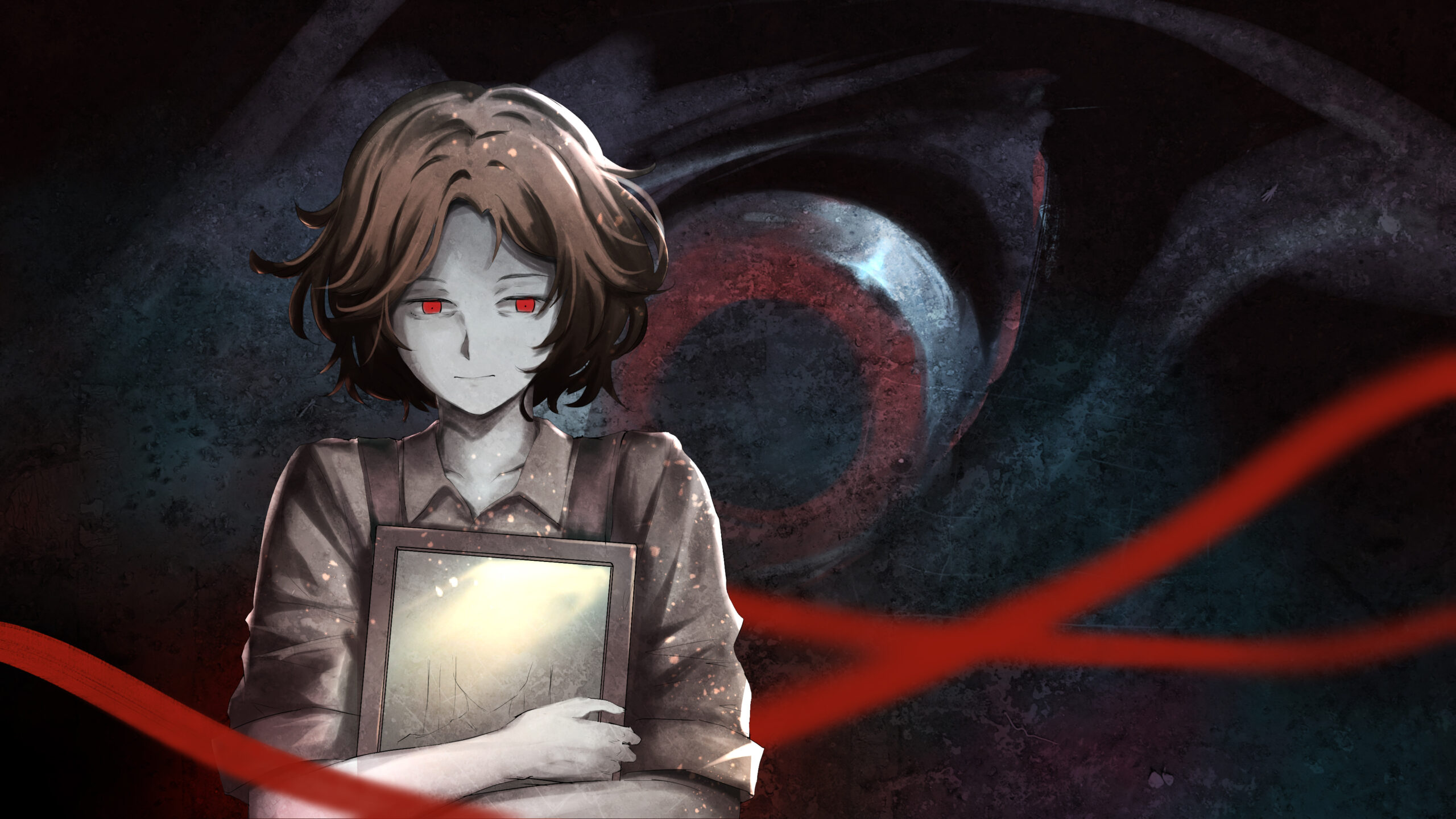 Rose with a picture and a demonic eye behind her plus red lines scaled